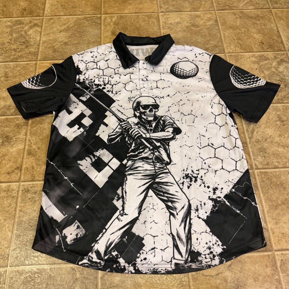 OUFISUN Mens 3XL Skeleton Golf Polo Shirt Black White Graphic Short Sleeve Tee